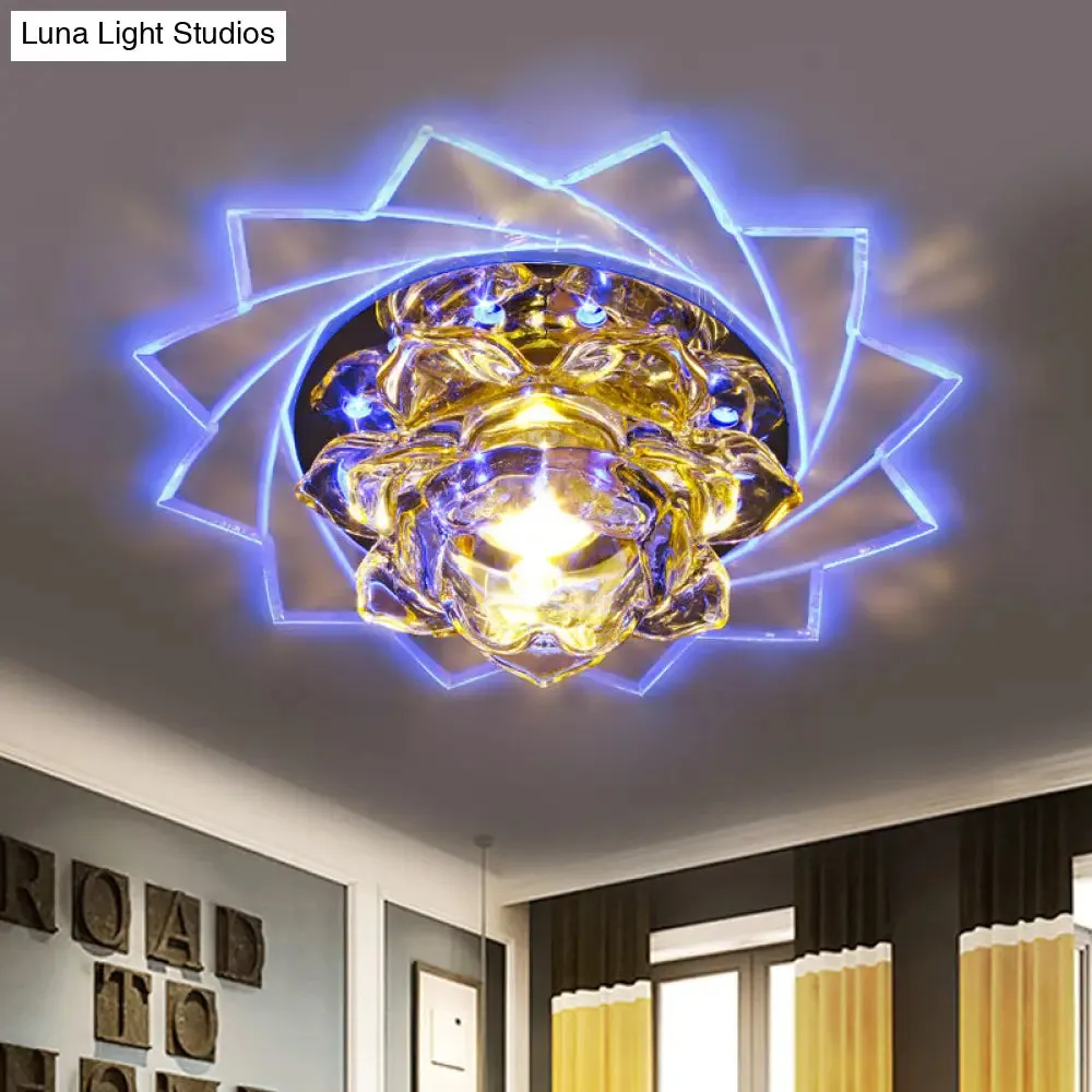 Minimalist LED K9 Crystal Ceiling Light with Yellow Lotus Design and Purple/Blue Glow for Bedrooms