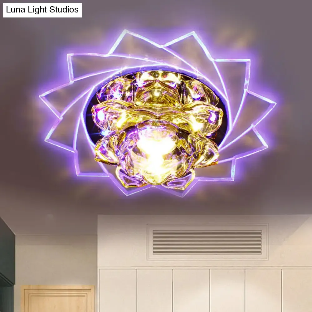 Minimalist LED K9 Crystal Ceiling Light with Yellow Lotus Design and Purple/Blue Glow for Bedrooms