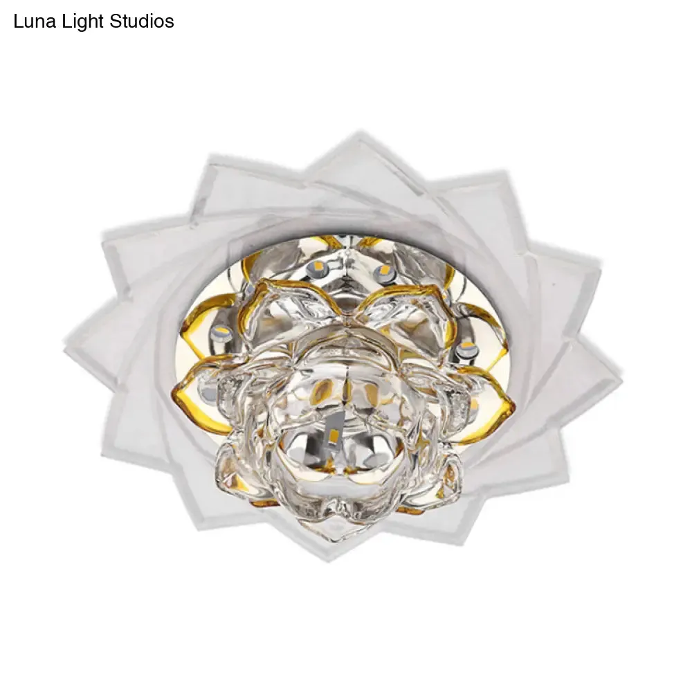 Minimalist LED K9 Crystal Ceiling Light with Yellow Lotus Design and Purple/Blue Glow for Bedrooms