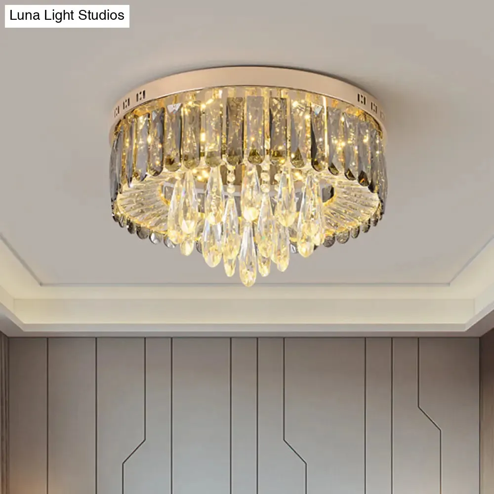 Modern Drum Bedroom Flush Mount Lighting: Smoke Gray Crystal LED Ceiling Lamp