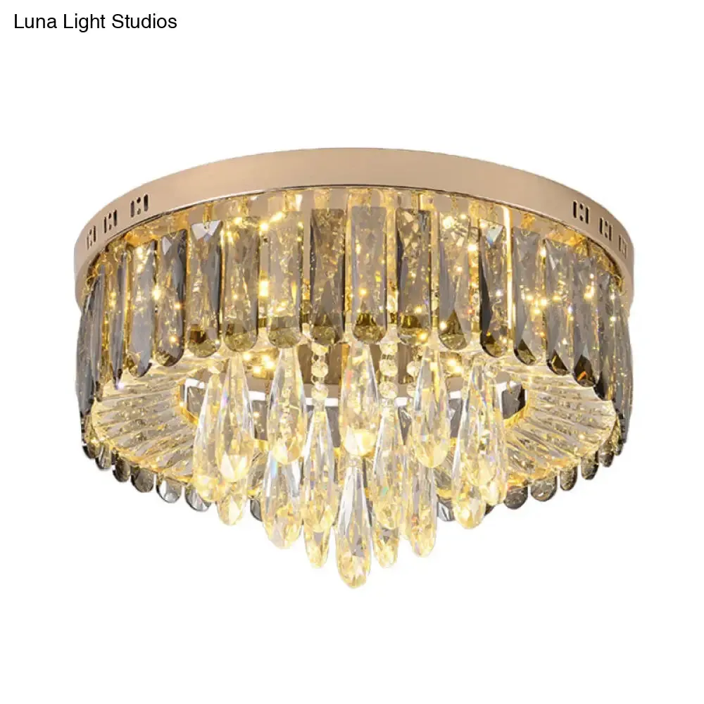 Modern Drum Bedroom Flush Mount Lighting: Smoke Gray Crystal LED Ceiling Lamp