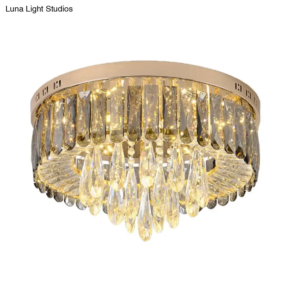 Modern Drum Bedroom Flush Mount Lighting: Smoke Gray Crystal LED Ceiling Lamp