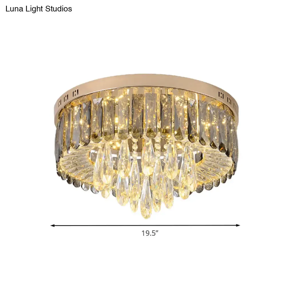 Modern Drum Bedroom Flush Mount Lighting: Smoke Gray Crystal LED Ceiling Lamp