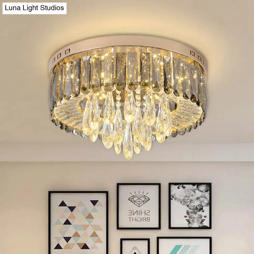 Modern Drum Bedroom Flush Mount Lighting: Smoke Gray Crystal LED Ceiling Lamp