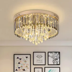 Modern Drum Bedroom Flush Mount Lighting: Smoke Gray Crystal LED Ceiling Lamp