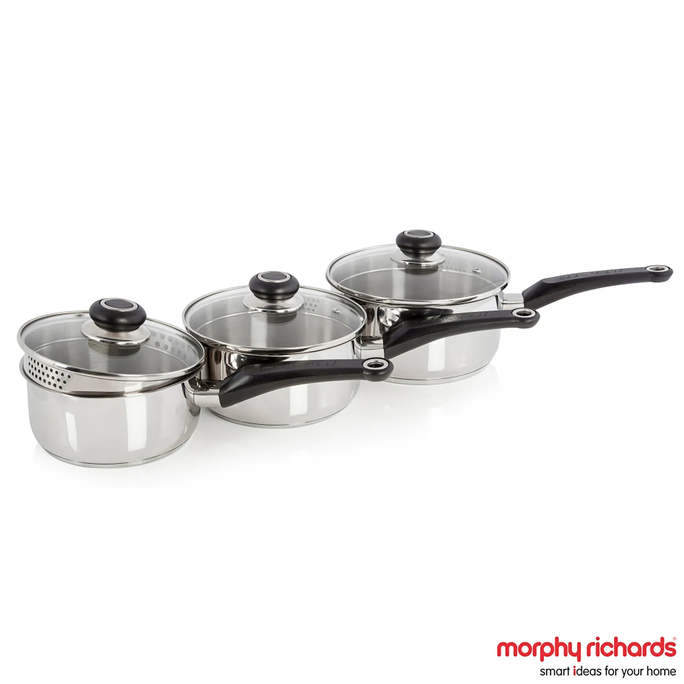 Morphy Richards 3 Piece Sauce Pan Set 16cm 18cm 20cm - Stainless Steel