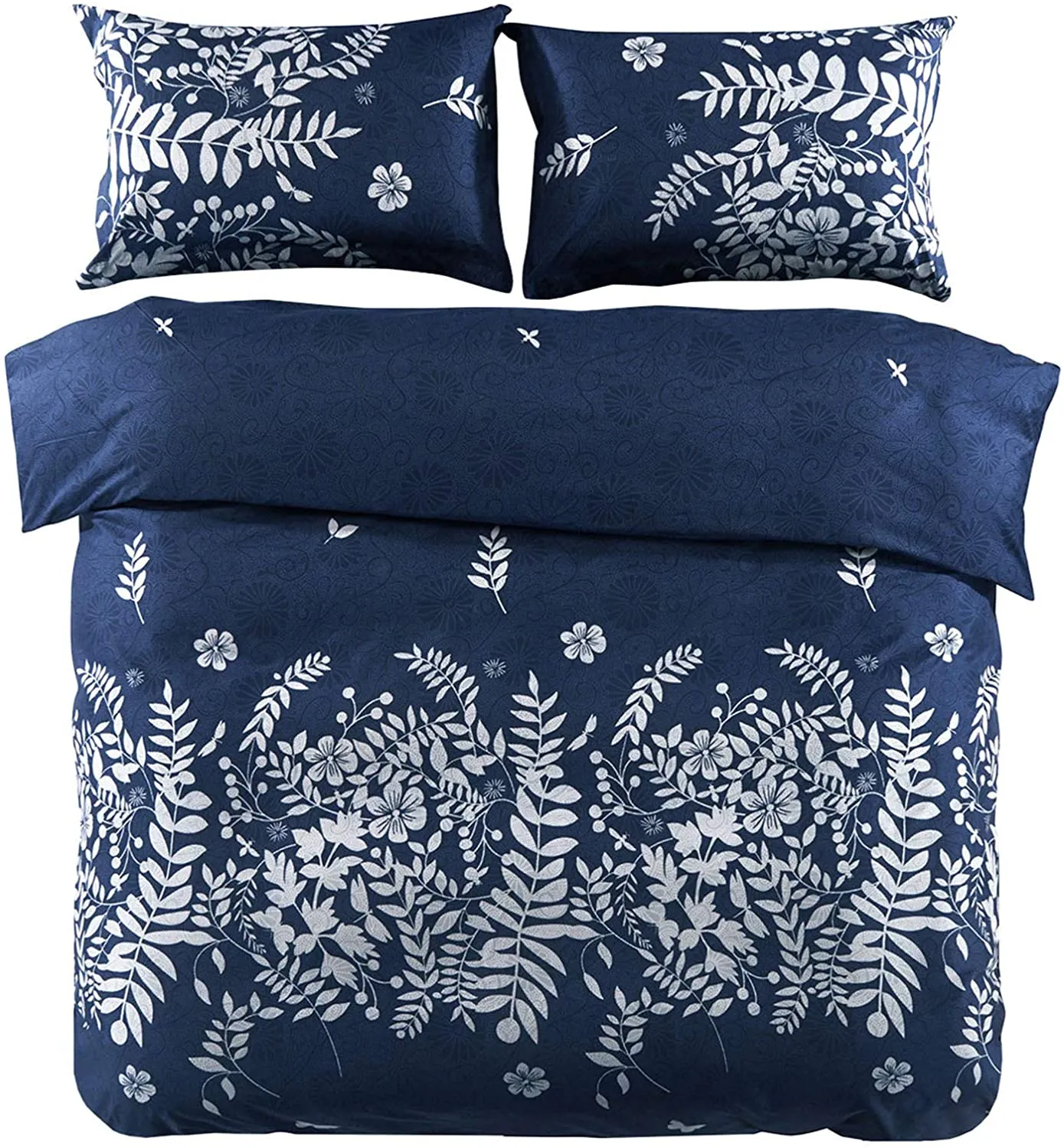 Navy Blue Comforter Set, Gray Floral and Tree Leaves Pattern Printed