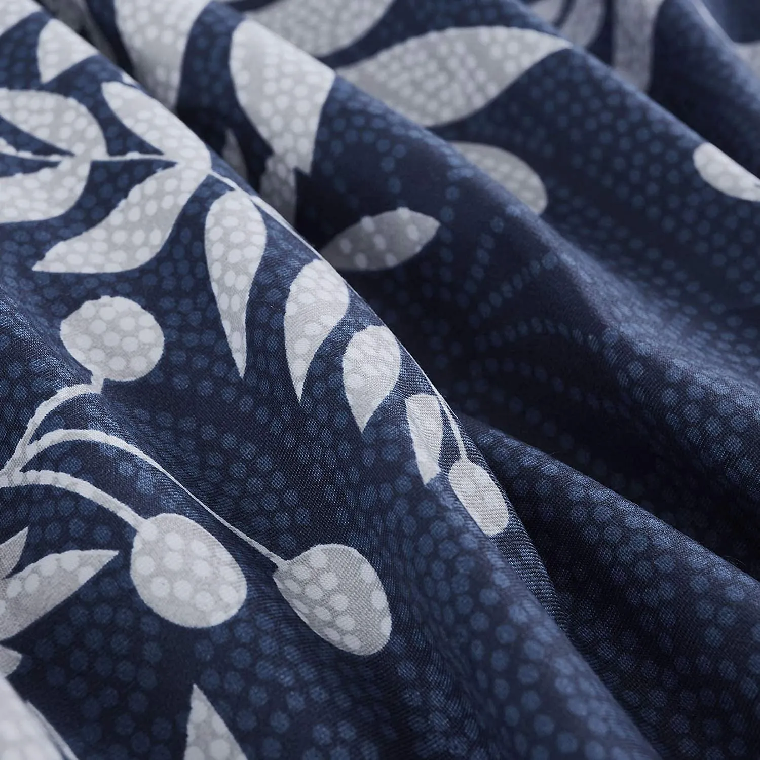 Navy Blue Comforter Set, Gray Floral and Tree Leaves Pattern Printed