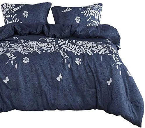 Navy Blue Comforter Set, Gray Floral and Tree Leaves Pattern Printed