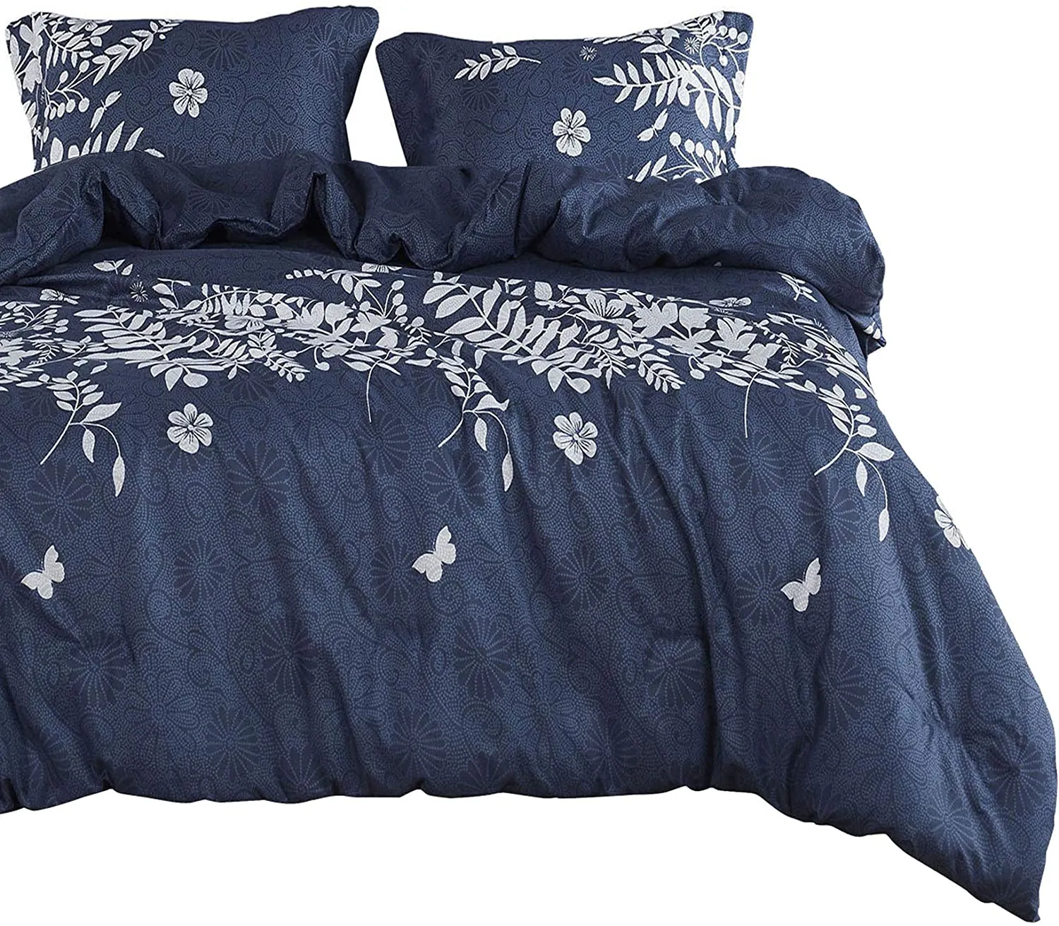 Navy Blue Comforter Set, Gray Floral and Tree Leaves Pattern Printed