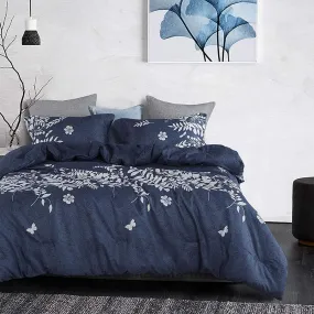 Navy Blue Comforter Set, Gray Floral and Tree Leaves Pattern Printed