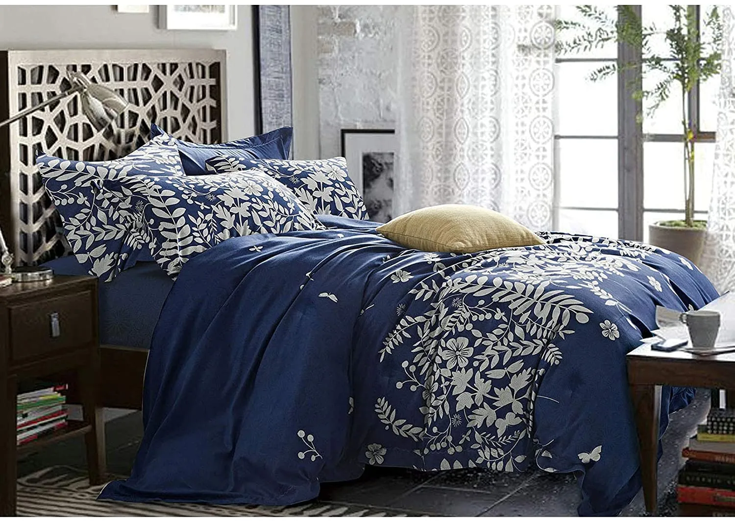 Navy Blue Comforter Set, Gray Floral and Tree Leaves Pattern Printed