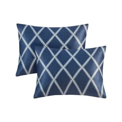 New - 4pc Twin/Twin Extra Long Zara Charmeuse Geo Print Comforter Bedding Set - Navy: