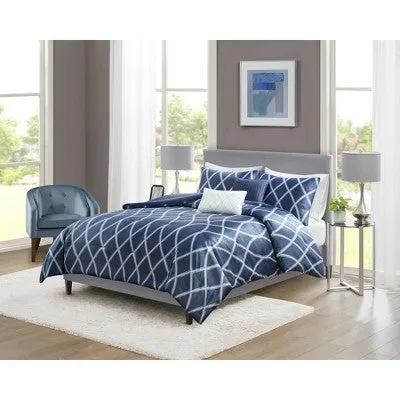 New - 4pc Twin/Twin Extra Long Zara Charmeuse Geo Print Comforter Bedding Set - Navy: