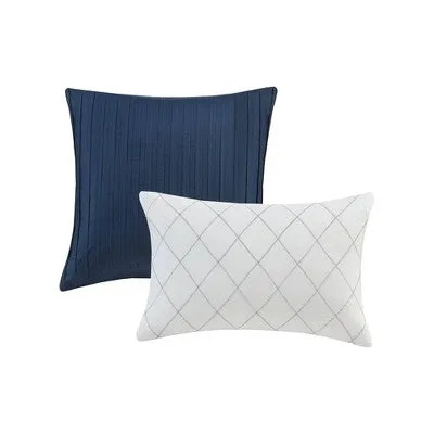 New - 4pc Twin/Twin Extra Long Zara Charmeuse Geo Print Comforter Bedding Set - Navy: