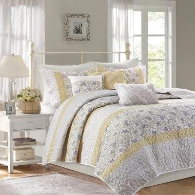 New - 6pc Full/Queen Stella Cotton Percale Reversible Coverlet Set - Yellow