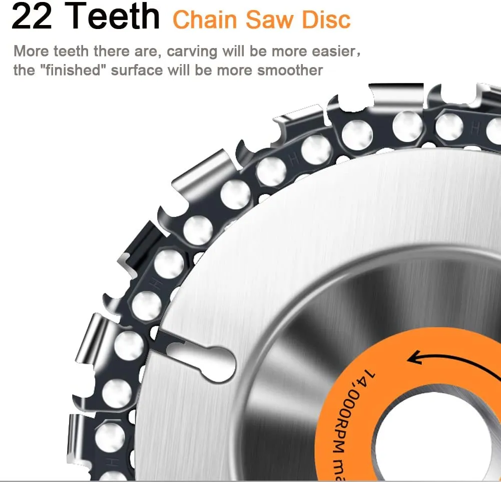 No Chainsaw? NO PROBLEM!
Wood Carving Saw Disc 
4'' Angle Grinder Chainwheel 
5/8' Arbor, 22 Teeth (100mm)