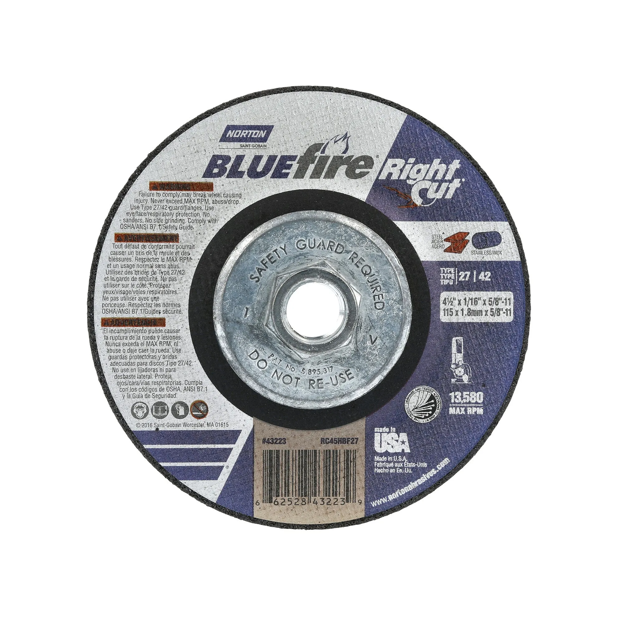 Norton 4-1/2 x 1/16 x 5/8 - 11 In. BlueFire RightCut Cutting Wheel 36 R T27/42 10 Count