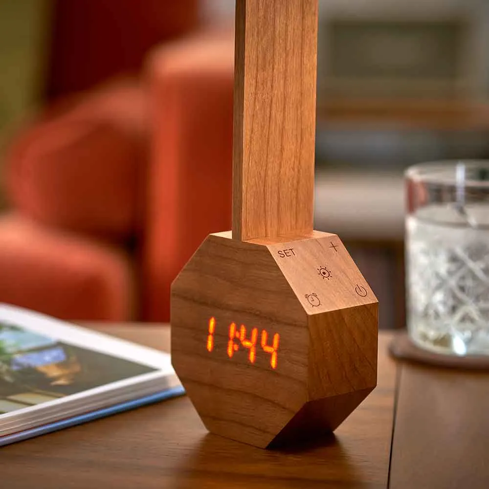 Octagon One Plus Desk Lamp Alarm in Walnut Cherry Bamboo Wood by Gingko