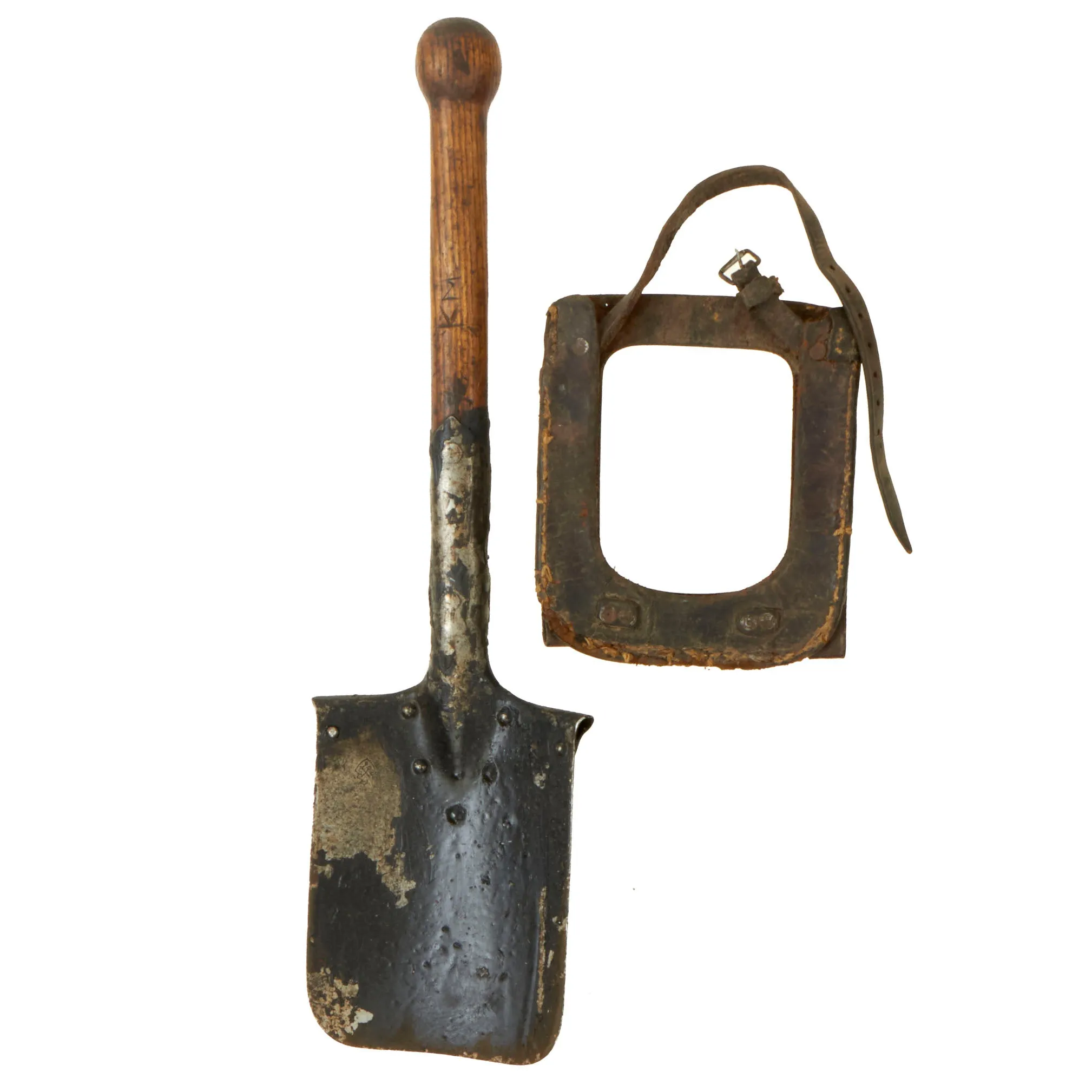 Original German WWI Era Short Entrenching Tool Shovel with WWII Leather Carrier - Service Worn