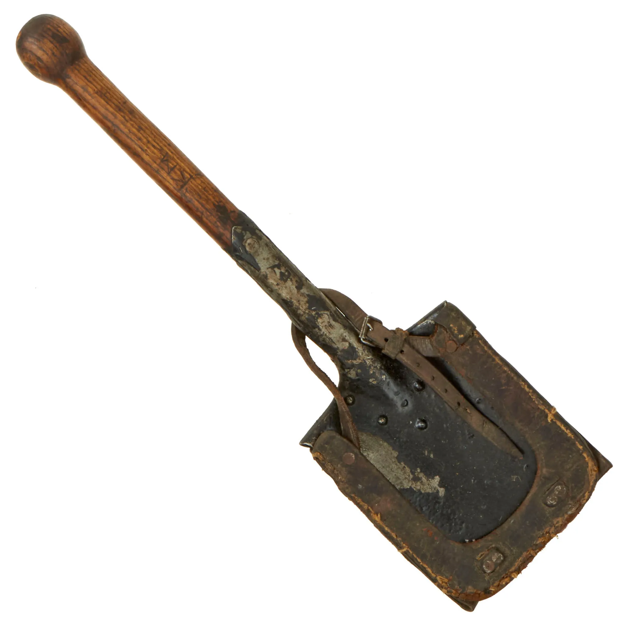 Original German WWI Era Short Entrenching Tool Shovel with WWII Leather Carrier - Service Worn