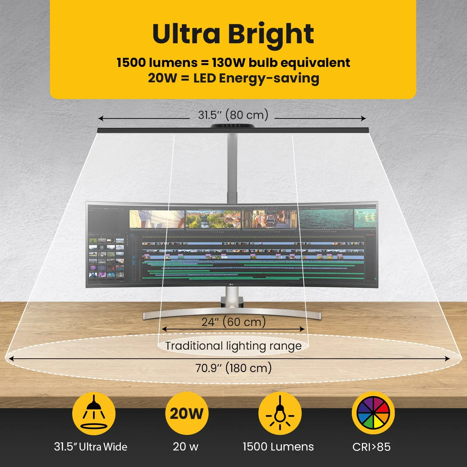 OTUS Architect LED Desk Lamp Clamp, 20W Super Bright, 31.5" Wide Task Table Light with Flexible Gooseneck