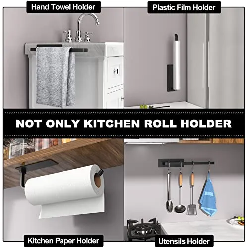 Paper Towel Holder - Self-Adhesive or Drilling, Matte Black Paper Towel Rack Under Cabinet for Kitchen, Upgraded Aluminum Kitchen Roll Holder - Lighter but Stronger Than Stainless Steel!