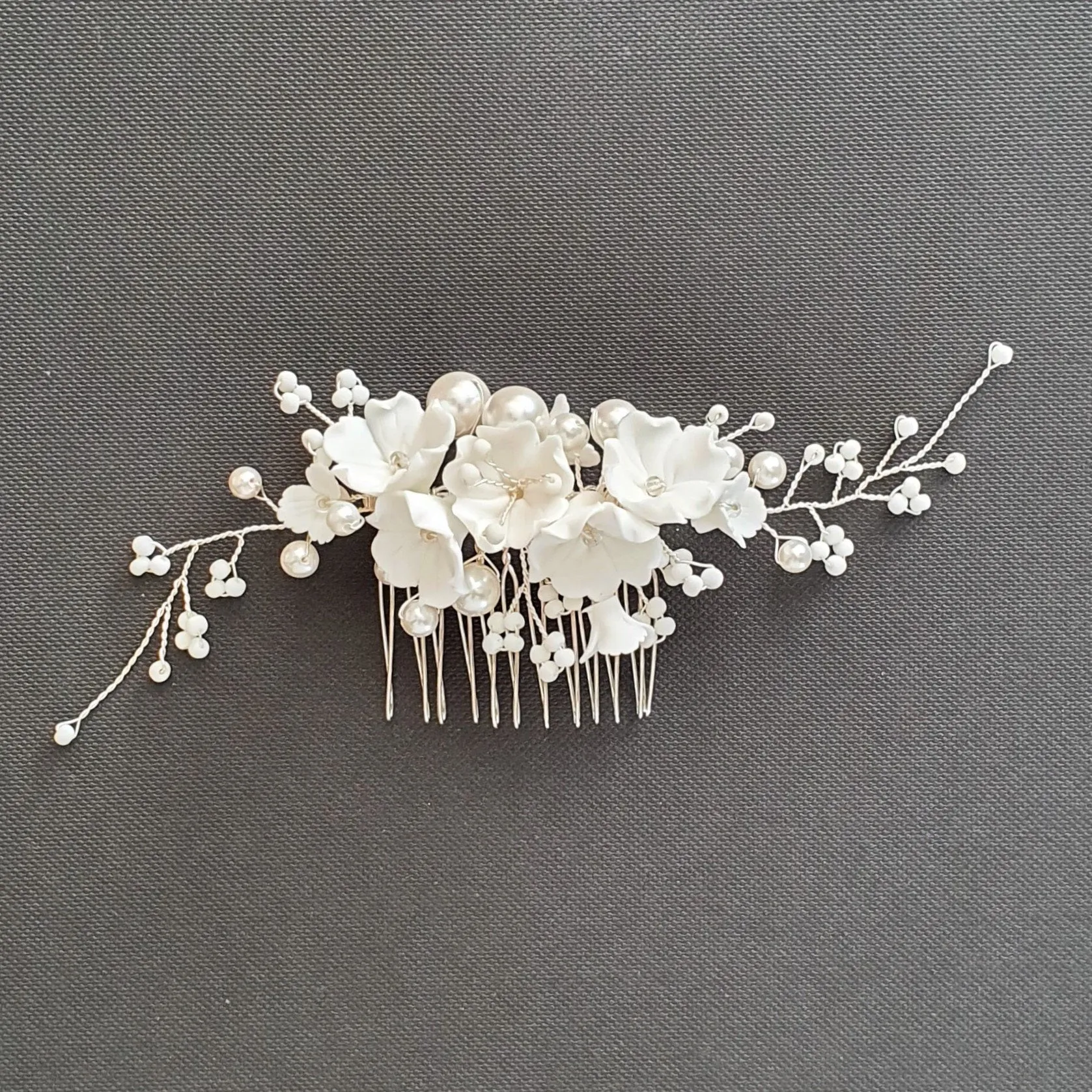 Pearl Bridal Hair Comb with White Flowers-Daphne