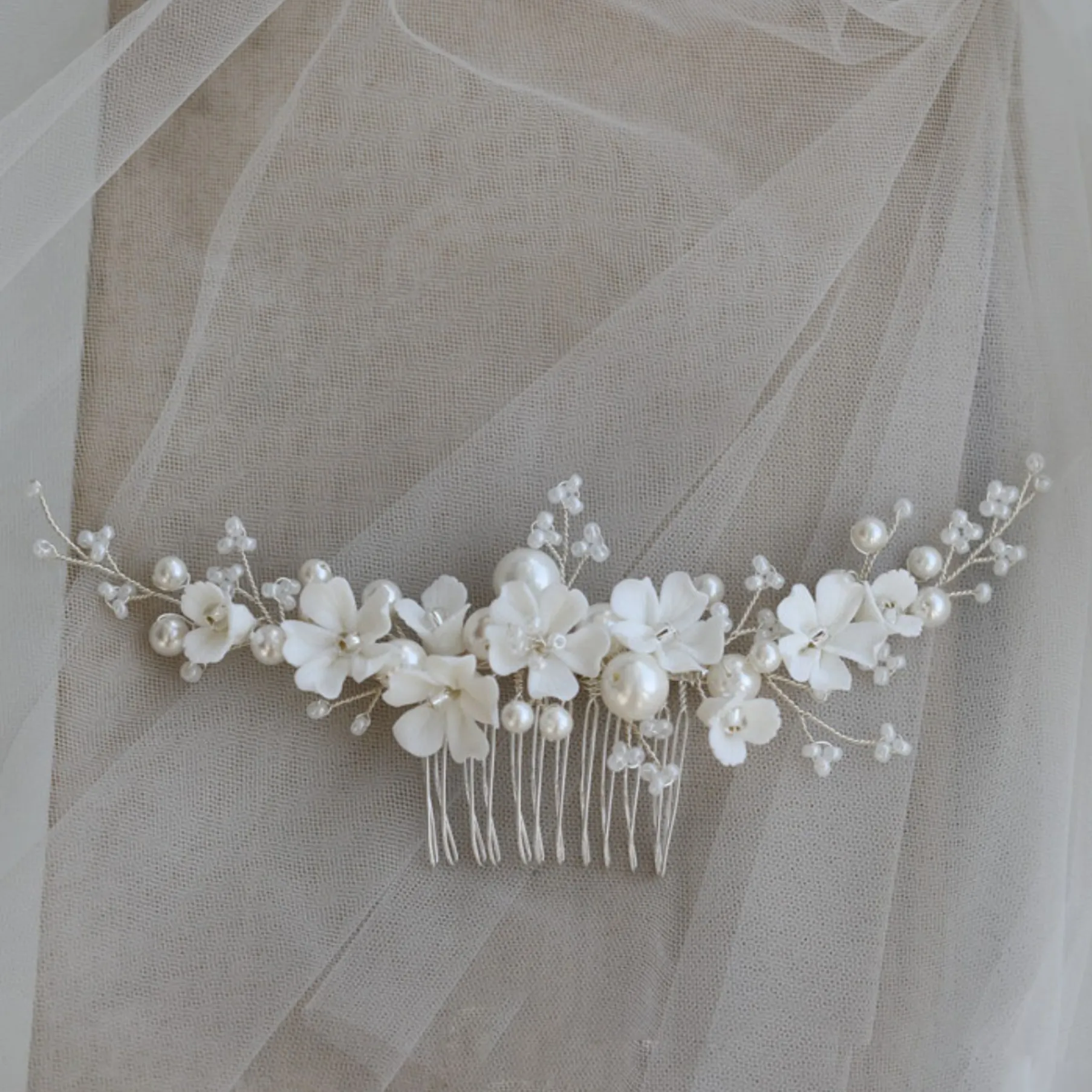 Pearl Bridal Hair Comb with White Flowers-Daphne