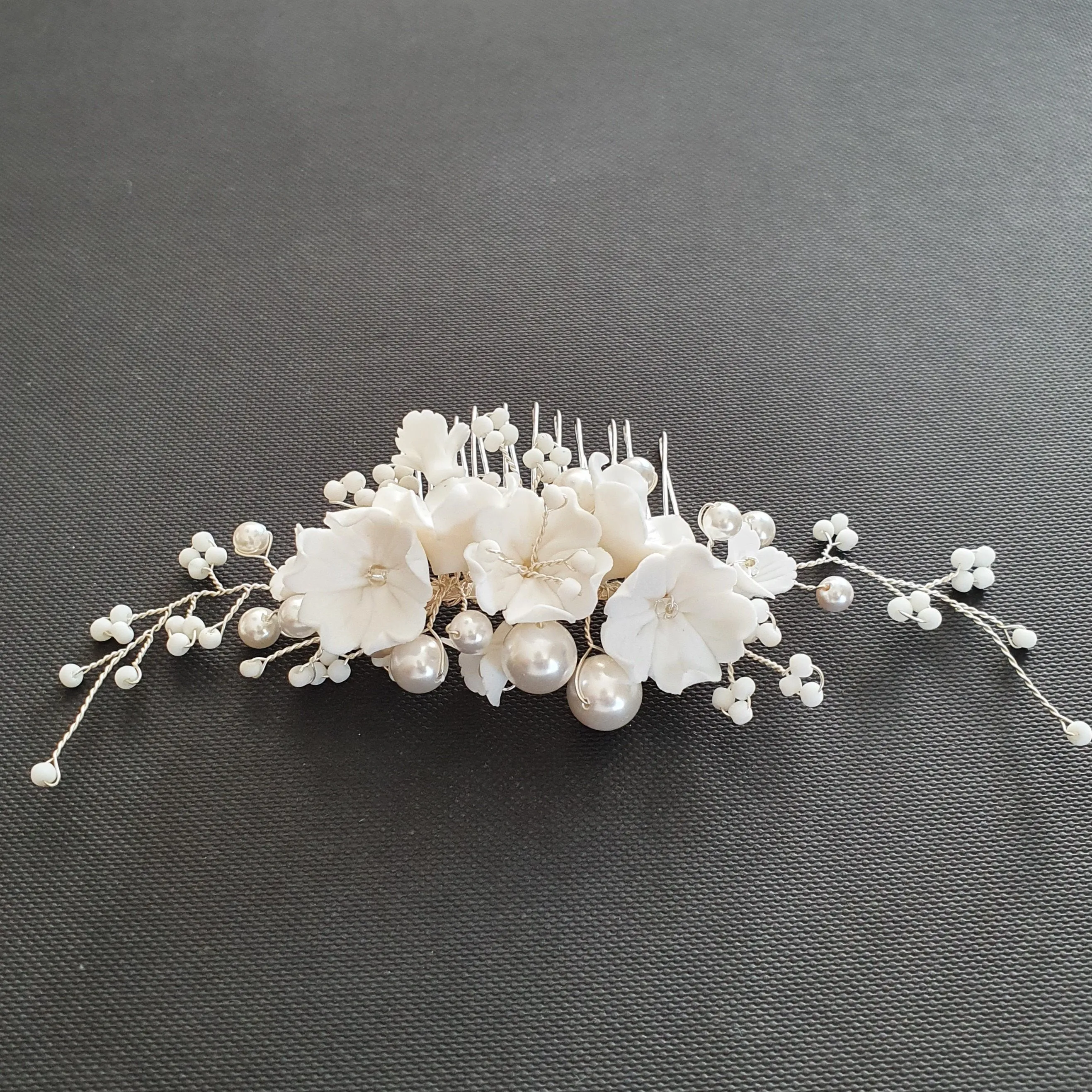 Pearl Bridal Hair Comb with White Flowers-Daphne