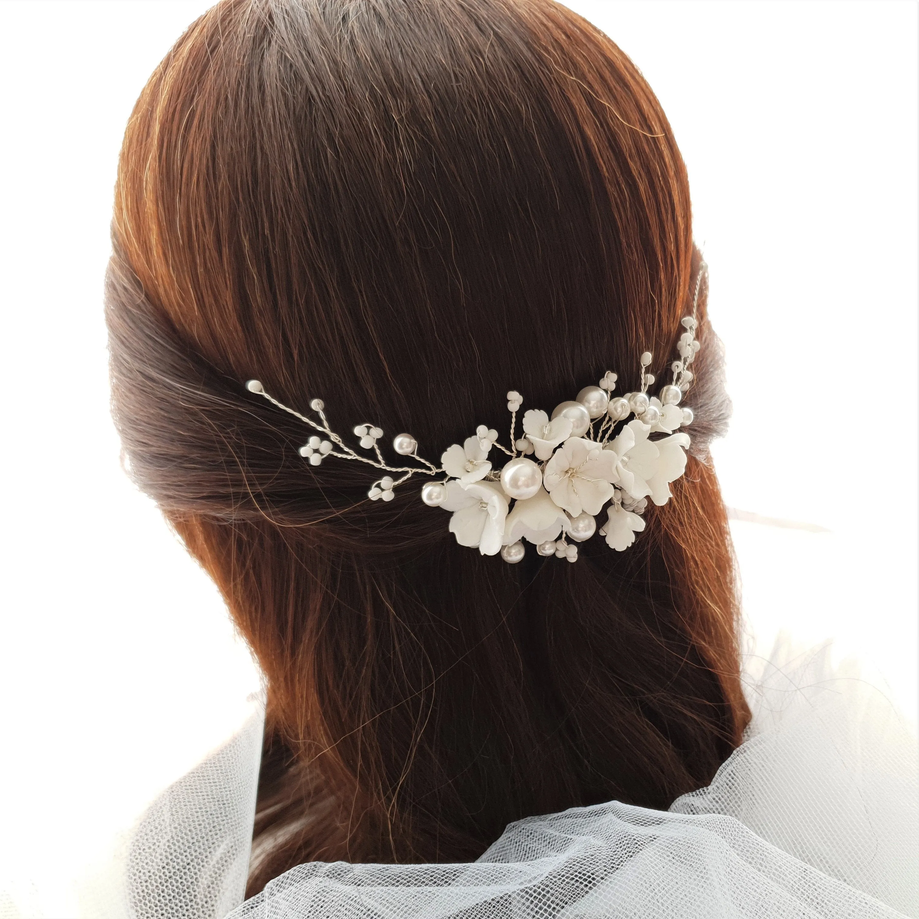 Pearl Bridal Hair Comb with White Flowers-Daphne