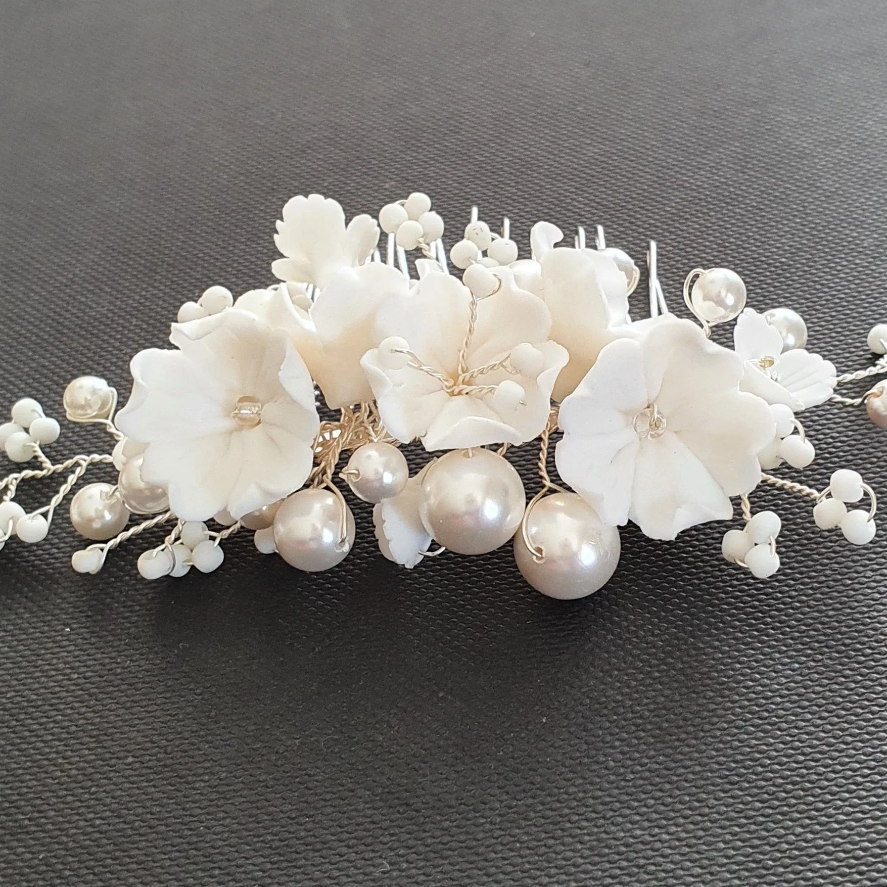 Pearl Bridal Hair Comb with White Flowers-Daphne