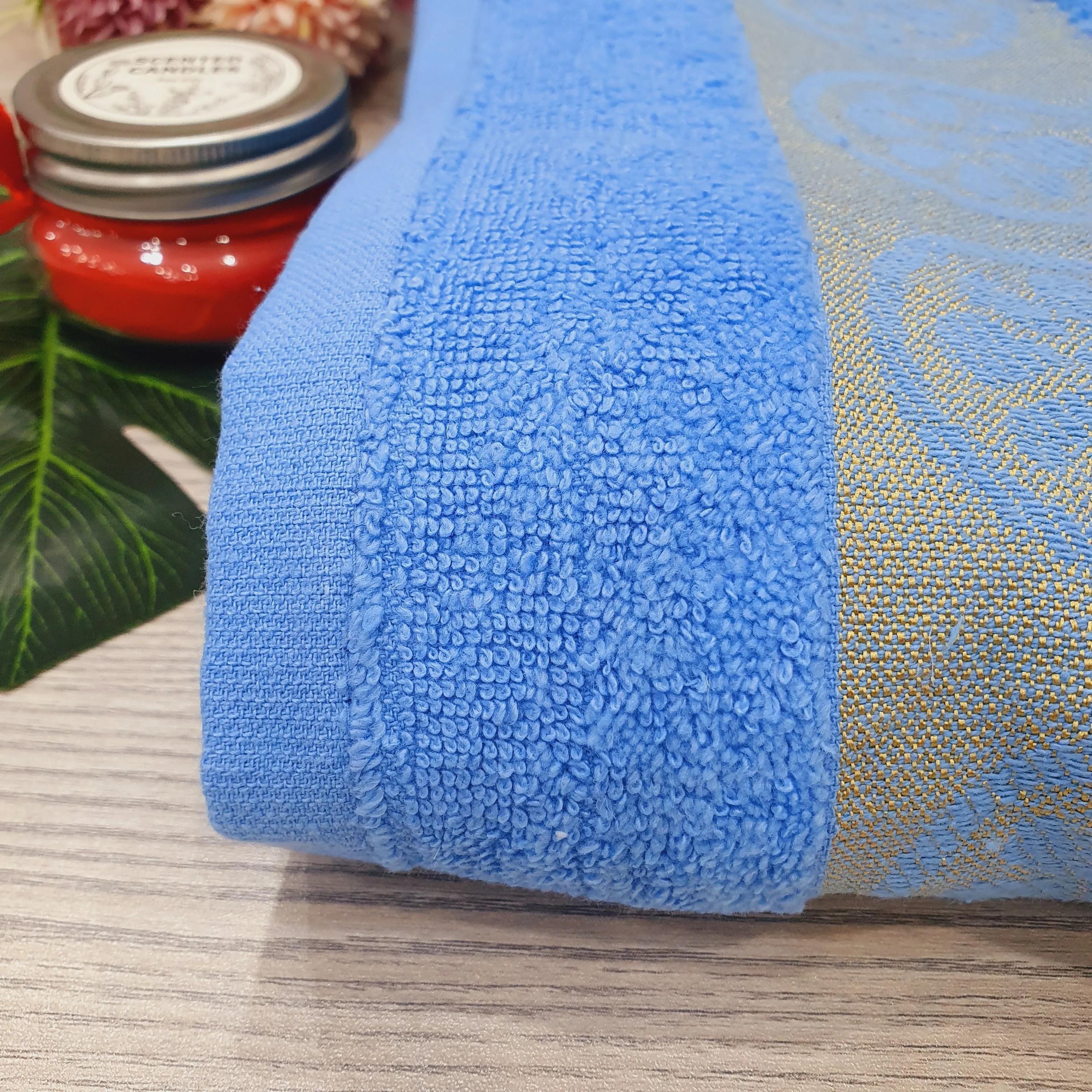 Premium Blue Large Towel with Golden Floral design - One Towel