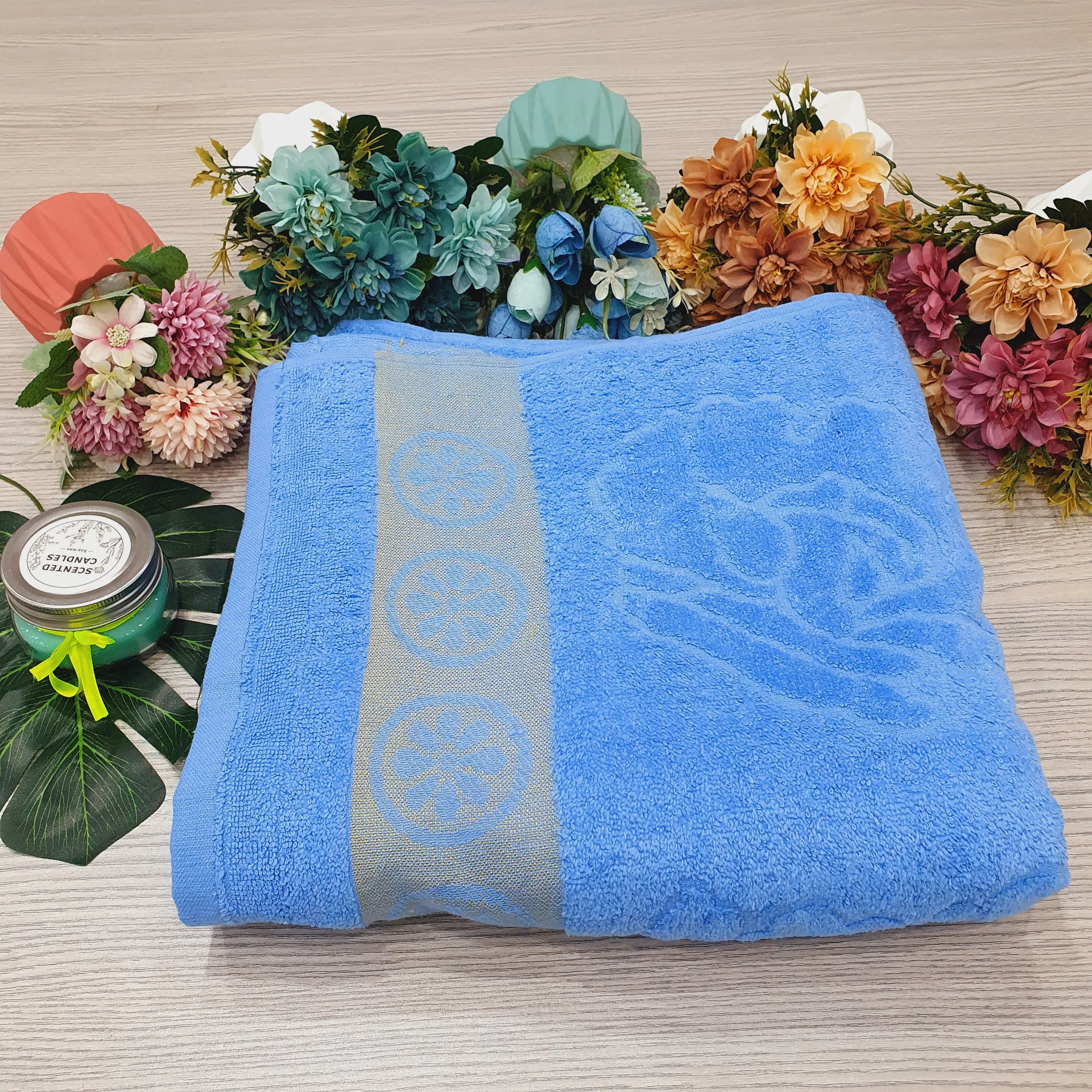 Premium Blue Large Towel with Golden Floral design - One Towel