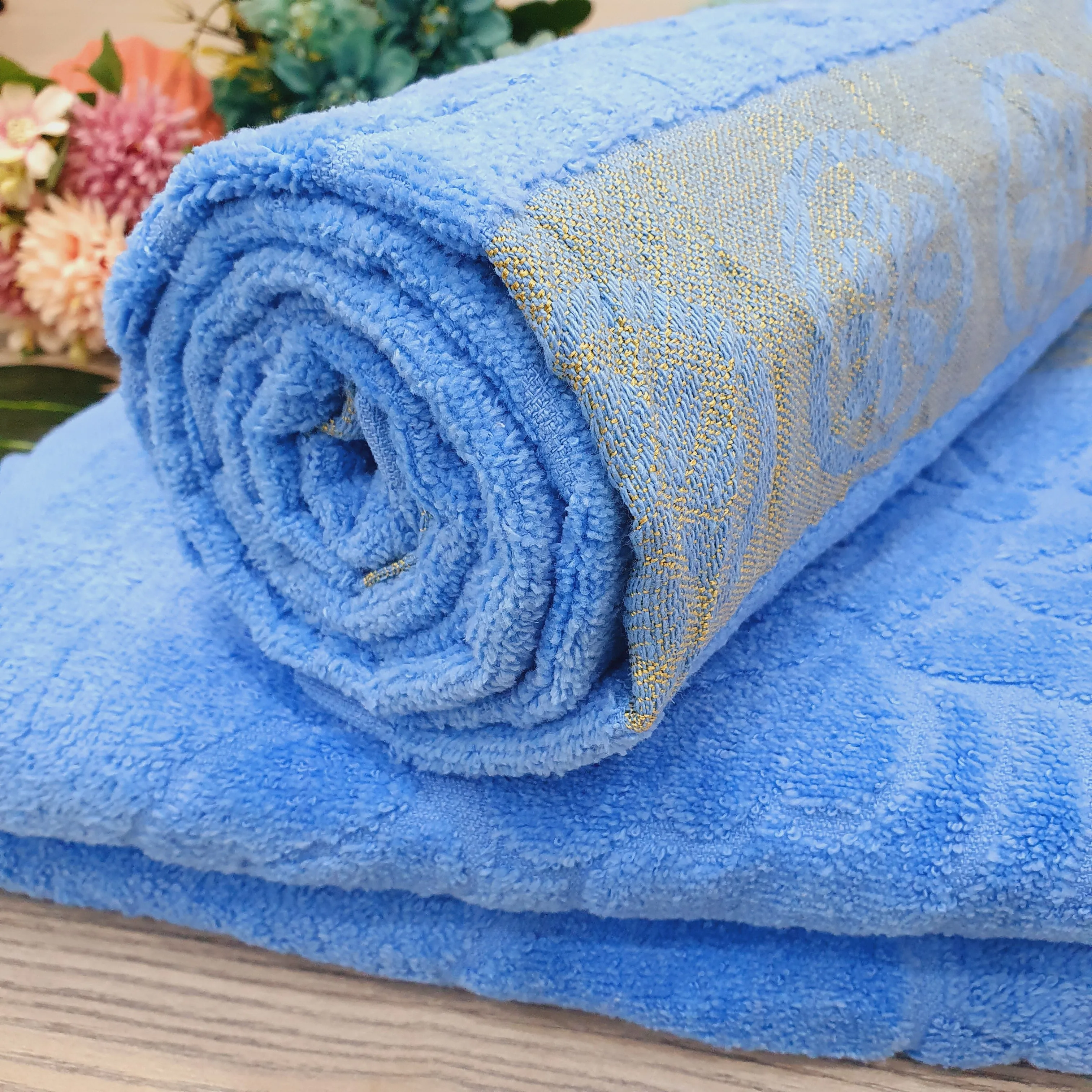 Premium Blue Large Towel with Golden Floral design - One Towel