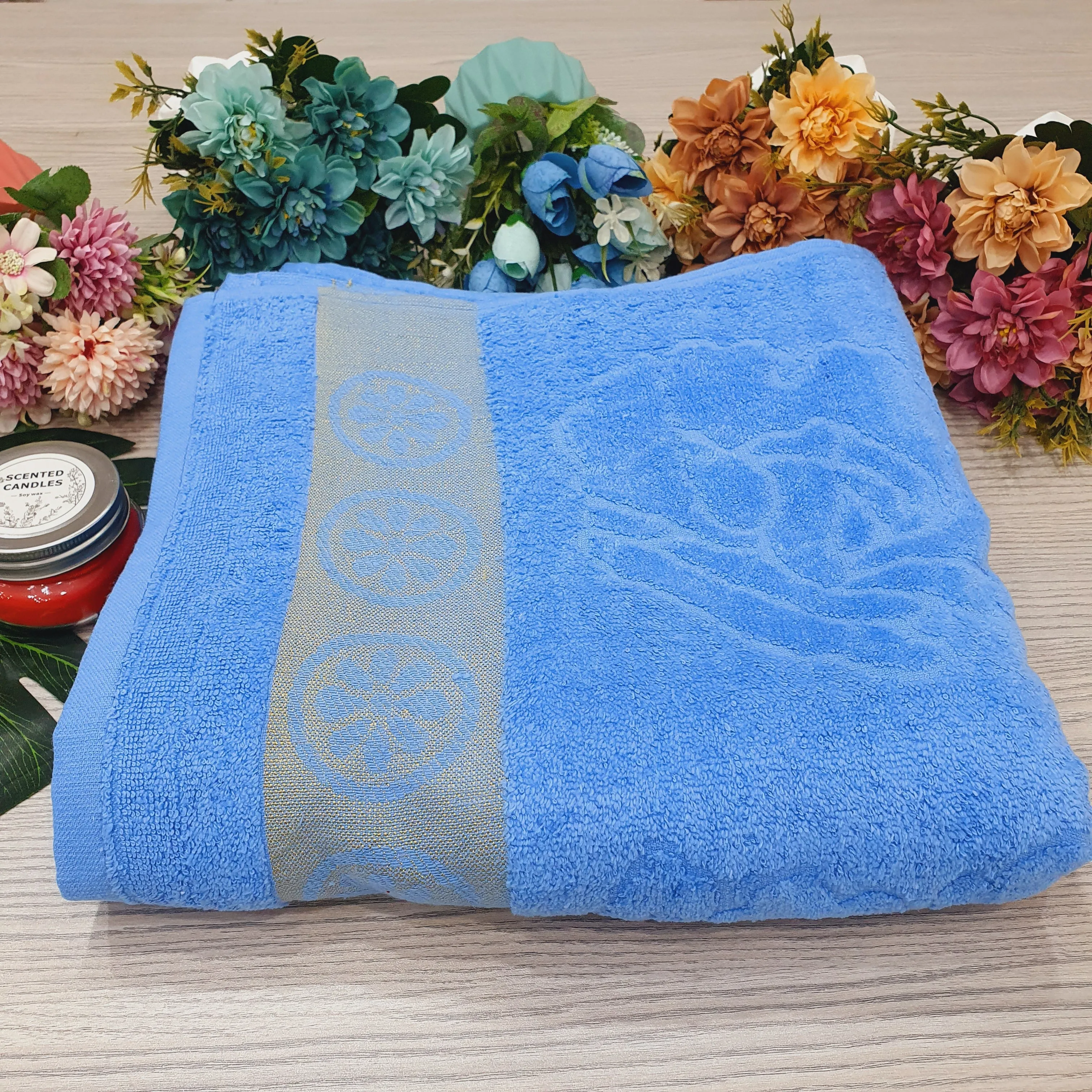 Premium Blue Large Towel with Golden Floral design - One Towel