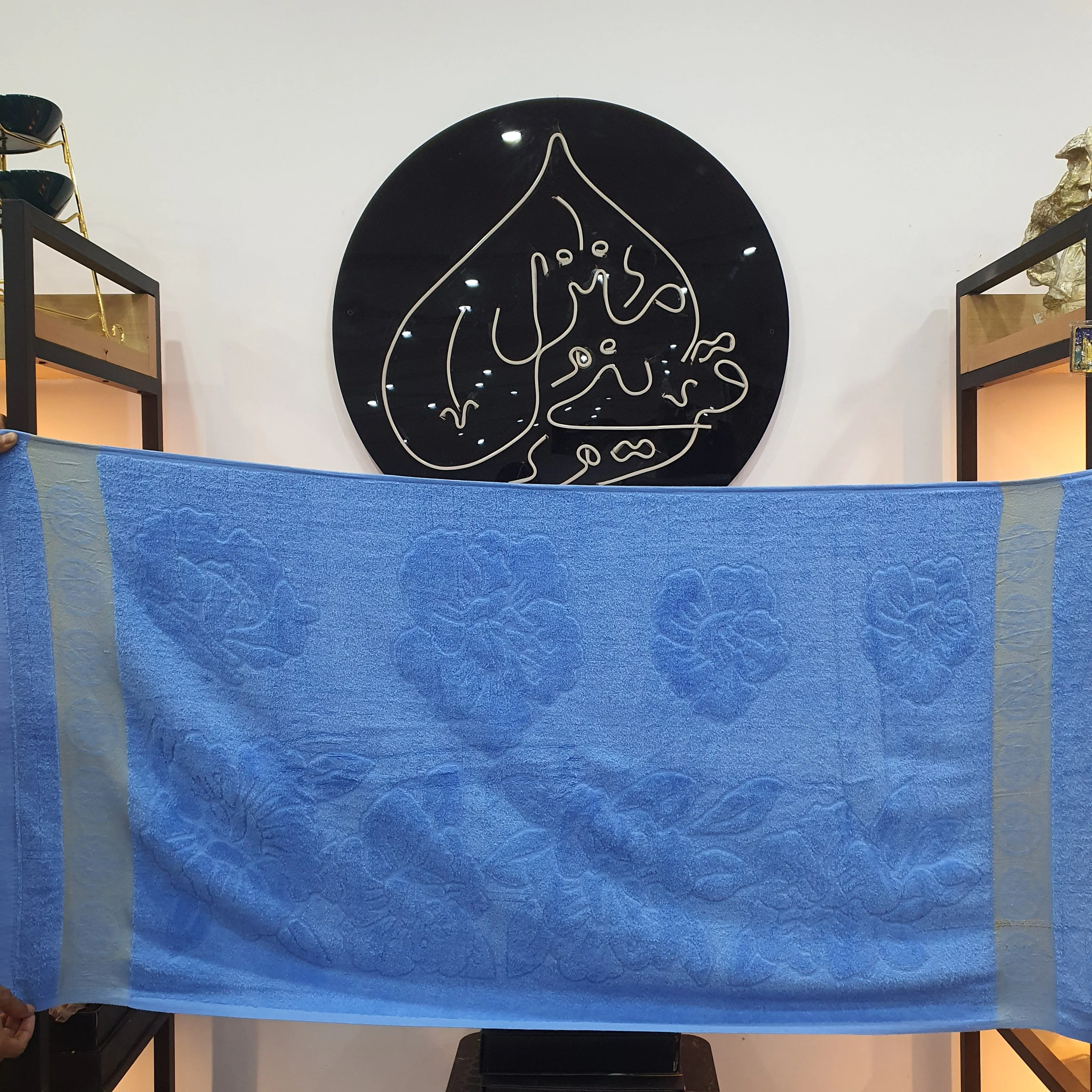 Premium Blue Large Towel with Golden Floral design - One Towel