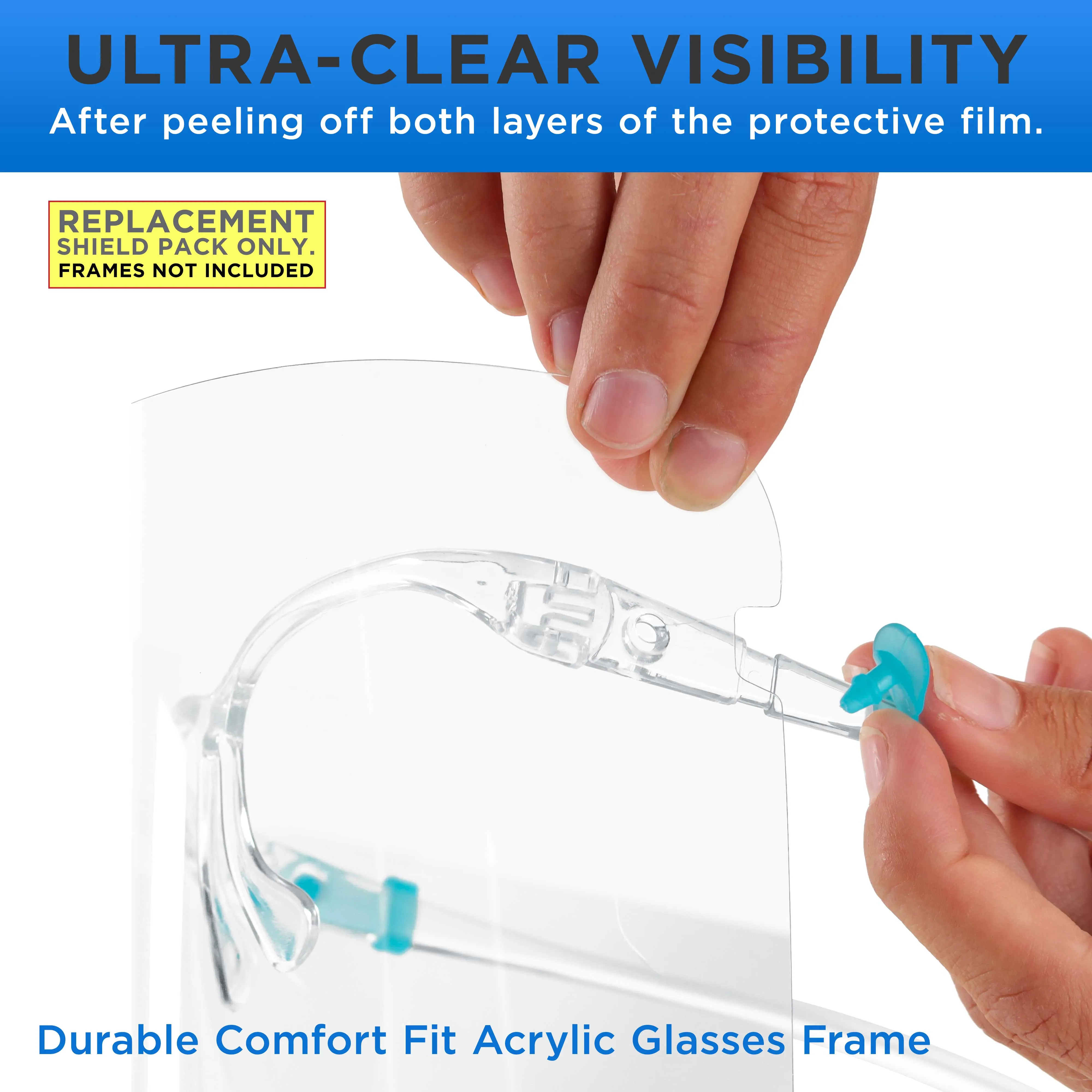 Salon World Safety Replacement Face Shields Only (40 Packs of 10), Glasses Frames Not Included, Ultra Clear, Protect Eyes Mouth, Anti-Fog PET Plastic