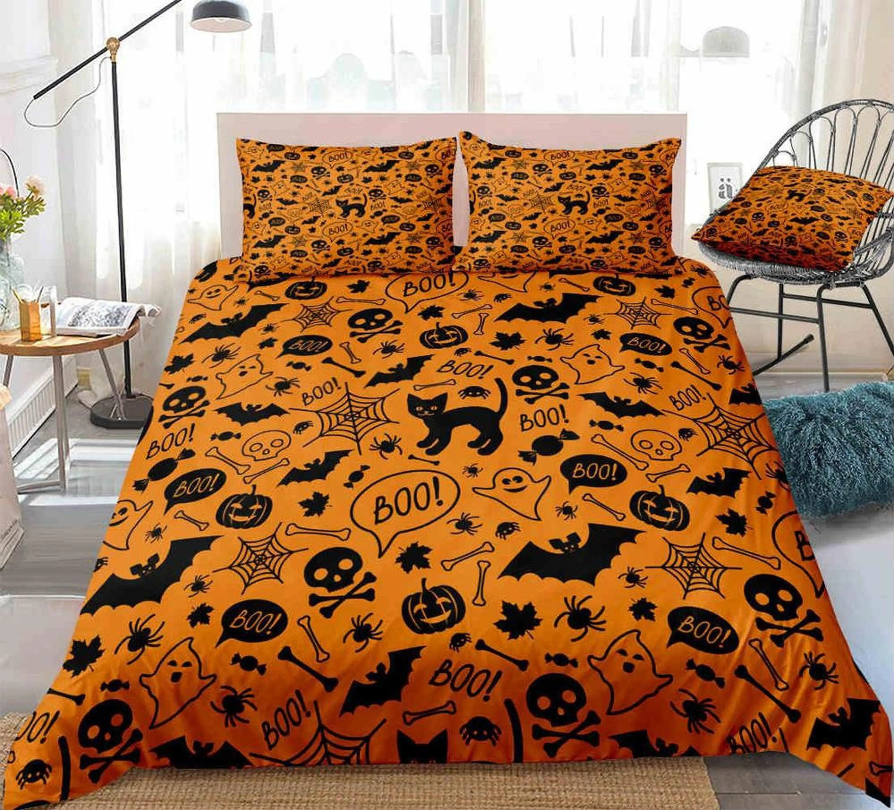 Skull, bats and cat orange halloween bedding & pillowcase, gothic duvet cover, dorm bedding, goth decor toddler bedding, halloween gift