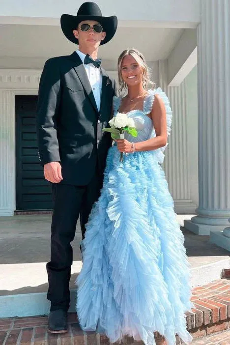 Sky Blue New Style Long Prom Dress, A Line Puffy Sleeveless Party Dresses UQP0213