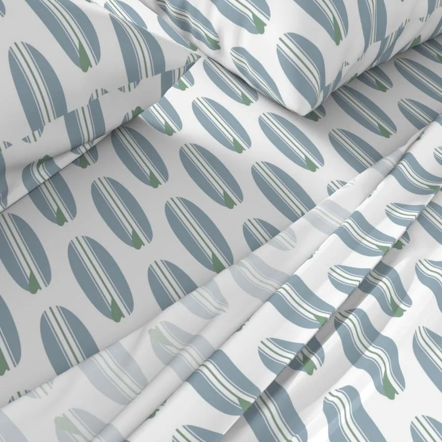 Slate Blue and Sage Green Classic Surfboards Sheet Set from Surfer Bedding™️ Medium Scale