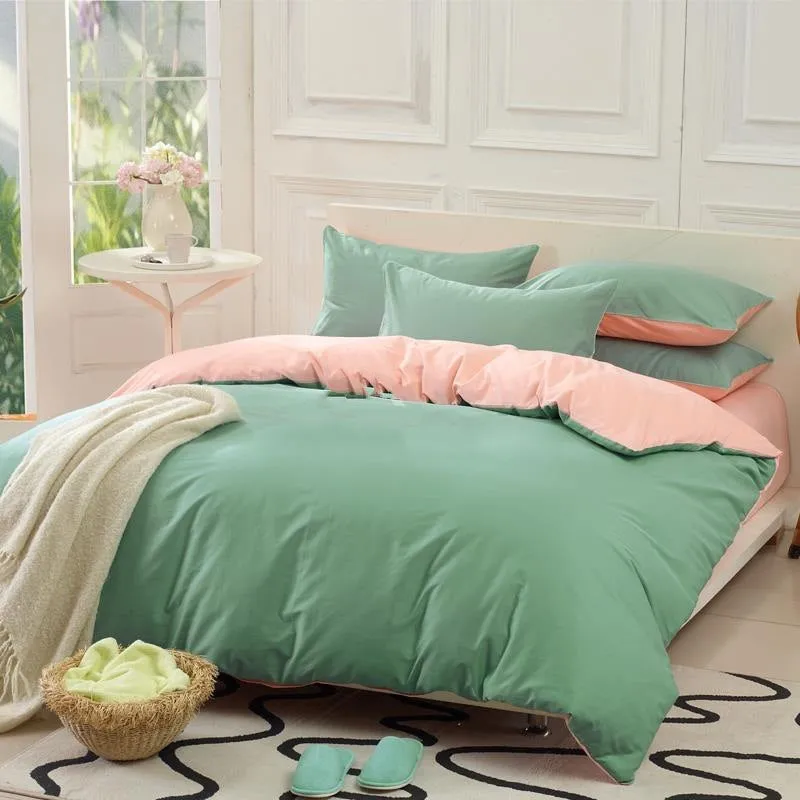 Solid Green and Light Pink Color Blocking Cotton Luxury 4-Piece Bedding Sets/Duvet Cover