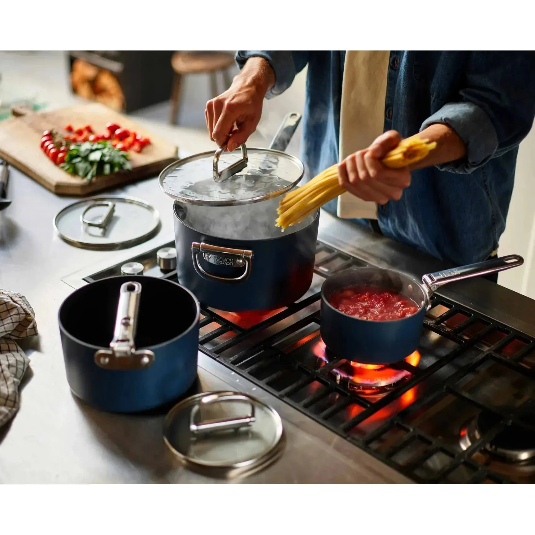 Space Folding Handle Ceramic Non-stick Blue Saucepan & Lid