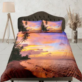 Sunset colors coastal grandma duvet cover nautical bedding set full queen king, aesthetic beach room decor, ocean lover gift seaman