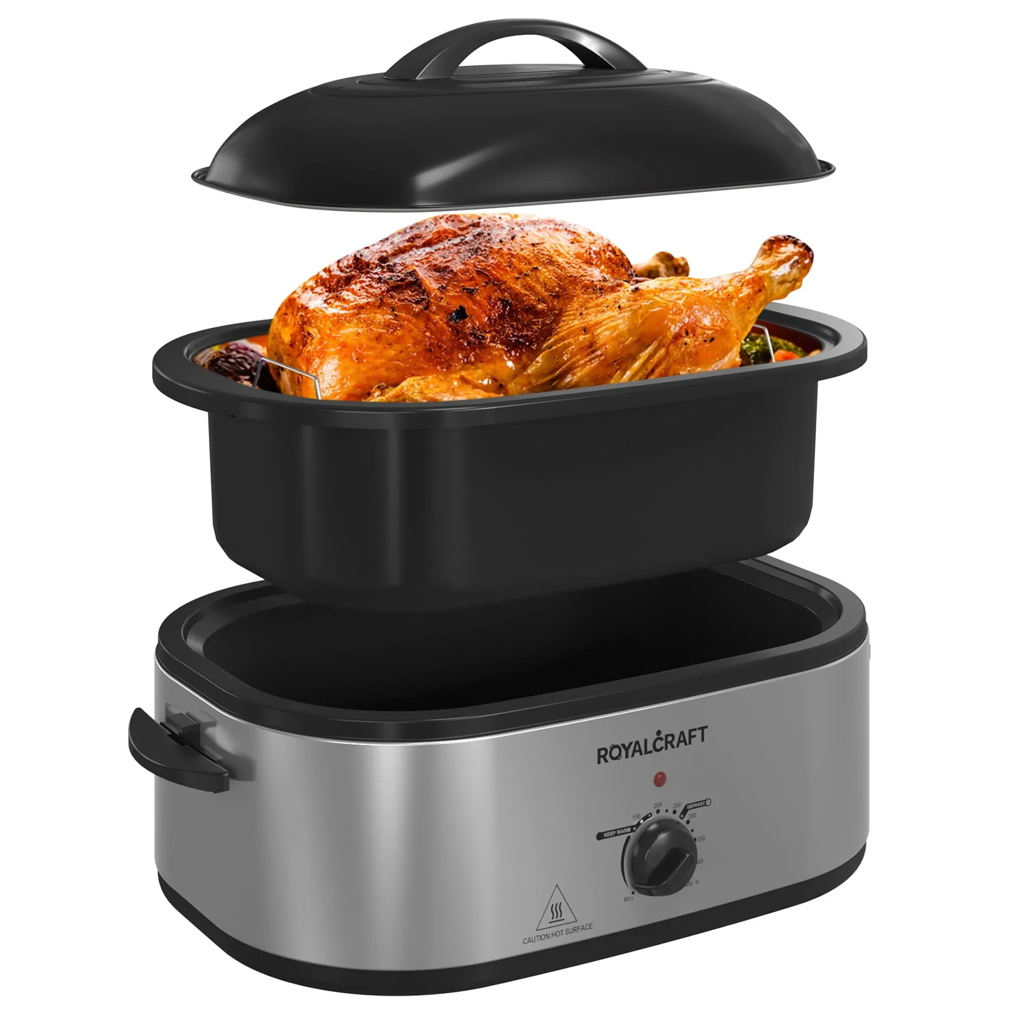 Sunvivi Roaster Oven with Self-Basting Lid, 26qt Electric Roaster with Removable Pan & Rack, Turkey Roaster Oven with Defrost & Warm Function, Stainless Steel, Grey