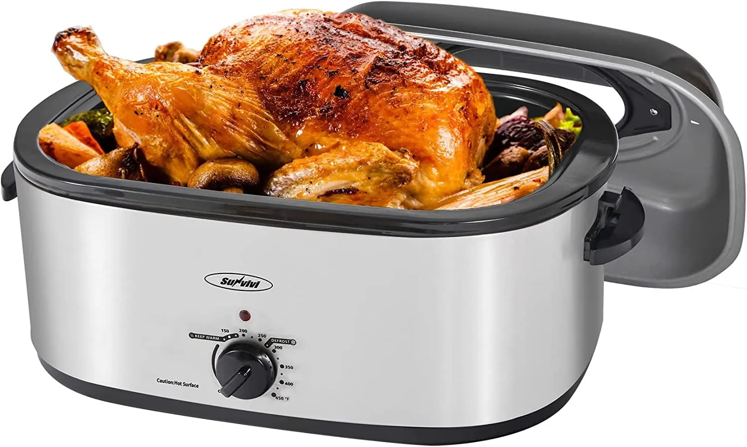 Sunvivi Roaster Oven with Self-Basting Lid, 26qt Electric Roaster with Removable Pan & Rack, Turkey Roaster Oven with Defrost & Warm Function, Stainless Steel, Grey