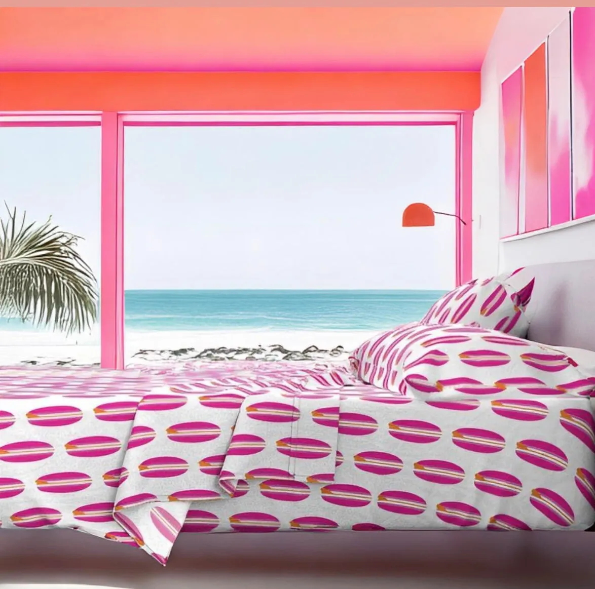 Surfer Girl Pink and Juicy Orange Classic Surfboards Sheet Set from Surfer Bedding™️ Medium Scale