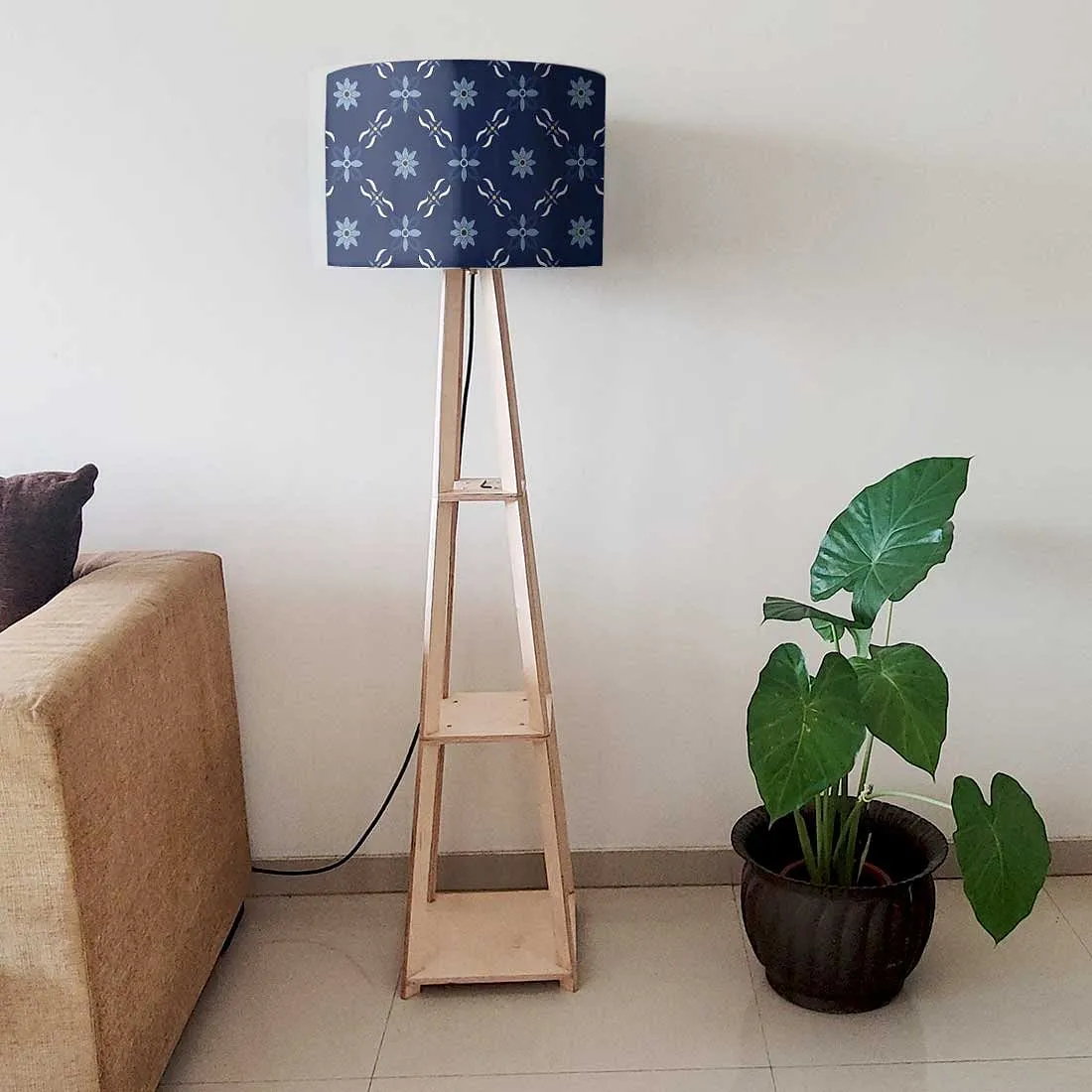 Tall Wooden Floor Lamp Light for Living Room - Floral Pattern