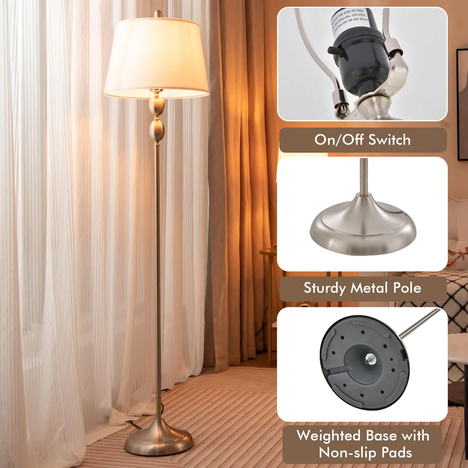 Tangkula 3-Piece Lamp Set, Floor Lamp and Table Lamp Combo Set with Metal Base and Fabric Shades