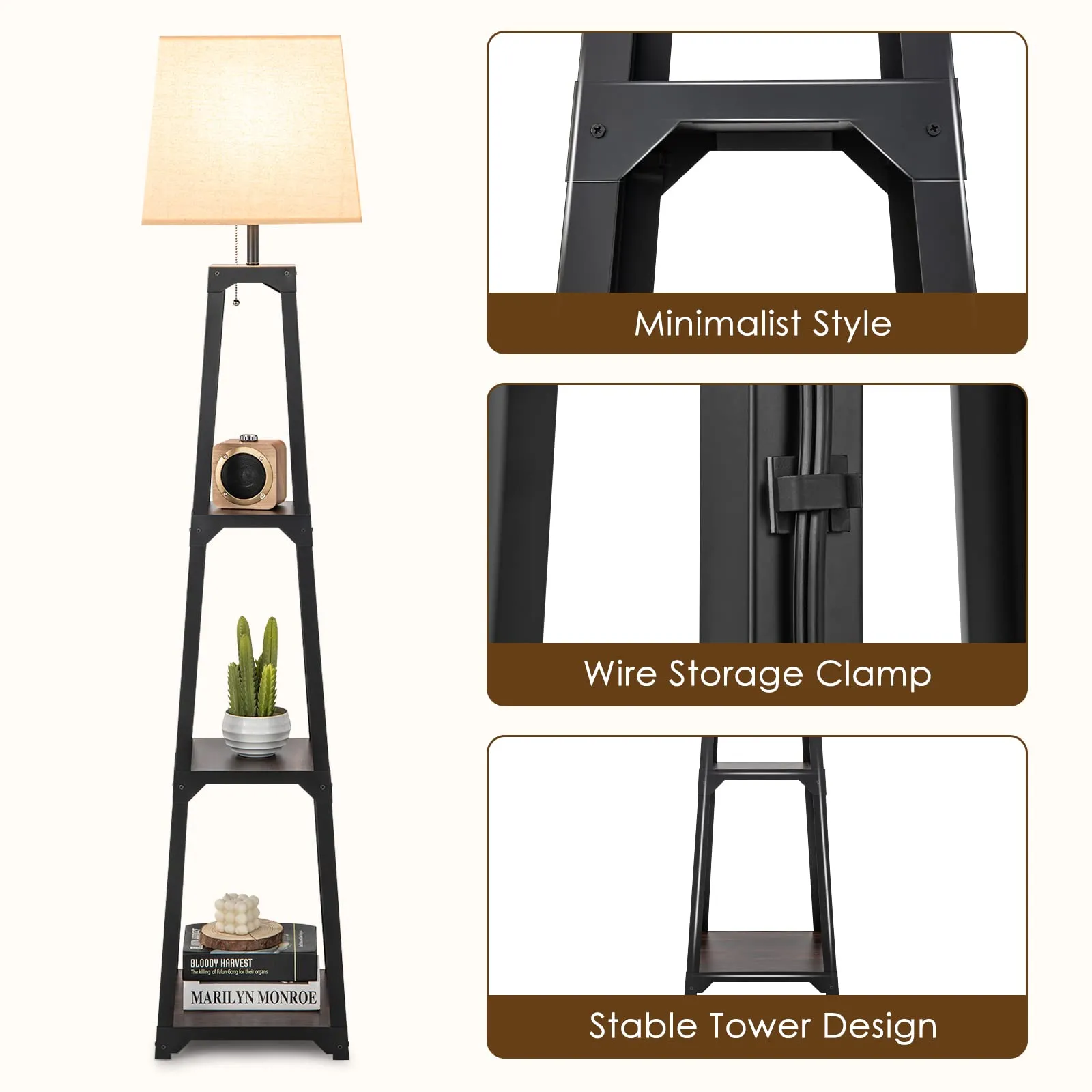 Tangkula Shelf Floor Lamp, 3 Tier Display Floor Lamp with Storage Shelves and Linen Lampshade